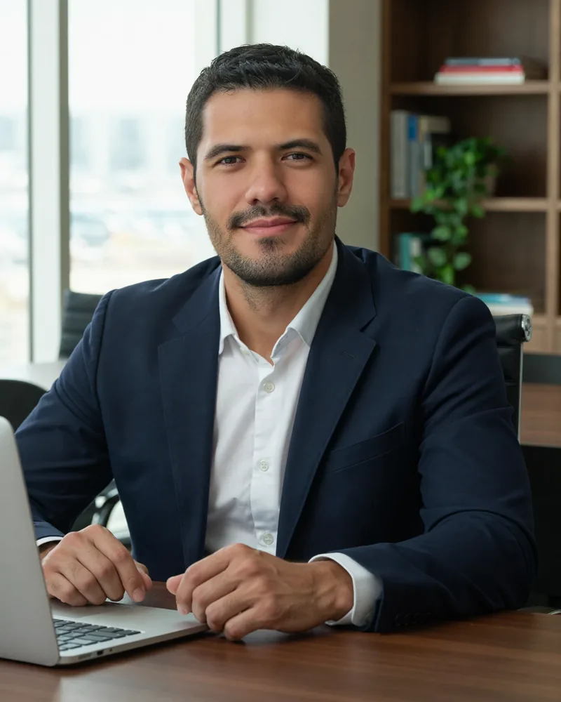 Nathan Costa no escritório, sentado à mesa com o notebook